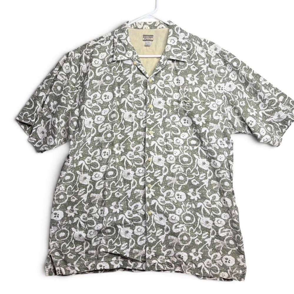 Bugle Boy Original Mens XL Green Floral Ramie Cotton Short Sleeve Button Shirt